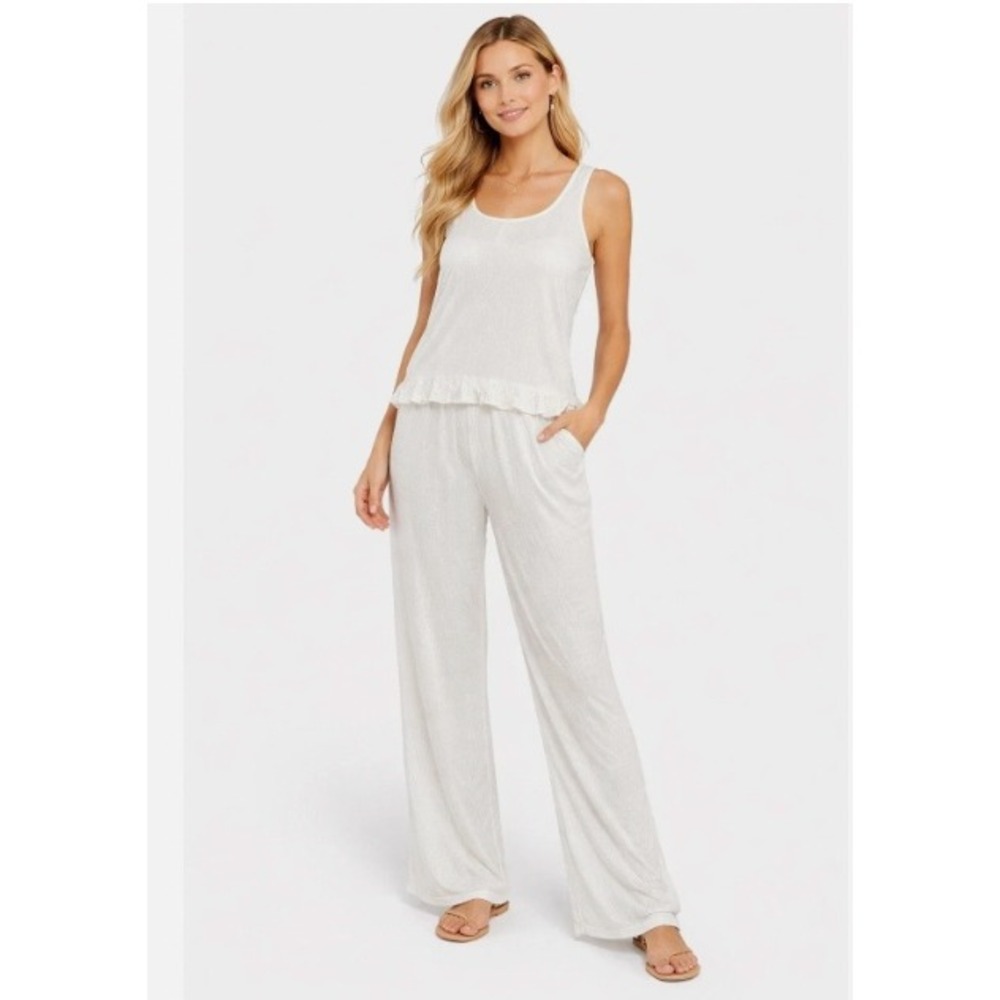 Nordstrom You Say Womens Ruffled Tank Pant Set‎ White Textured Loungewear Small